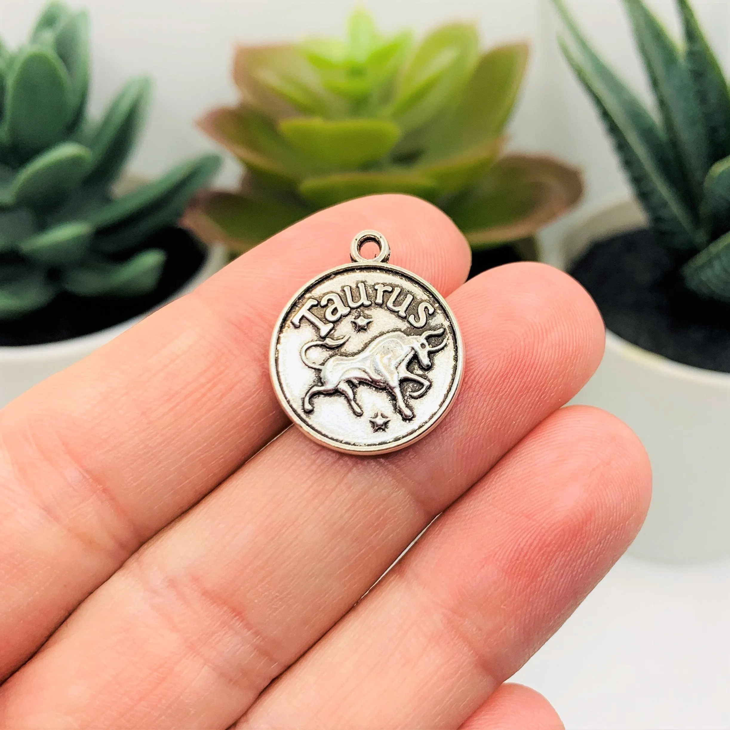 1, 4 or 20 Pieces: Silver Taurus Zodiac/Astrology Coin Charms, Double Sided