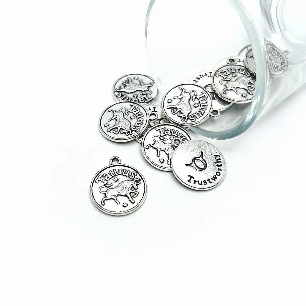 1, 4 or 20 Pieces: Silver Taurus Zodiac/Astrology Coin Charms, Double Sided