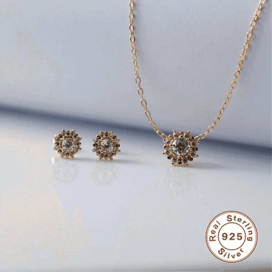 925 Sterling Silver Necklace and Earrings Charm Jewelry Set - Sunflower Pendant - Xm256