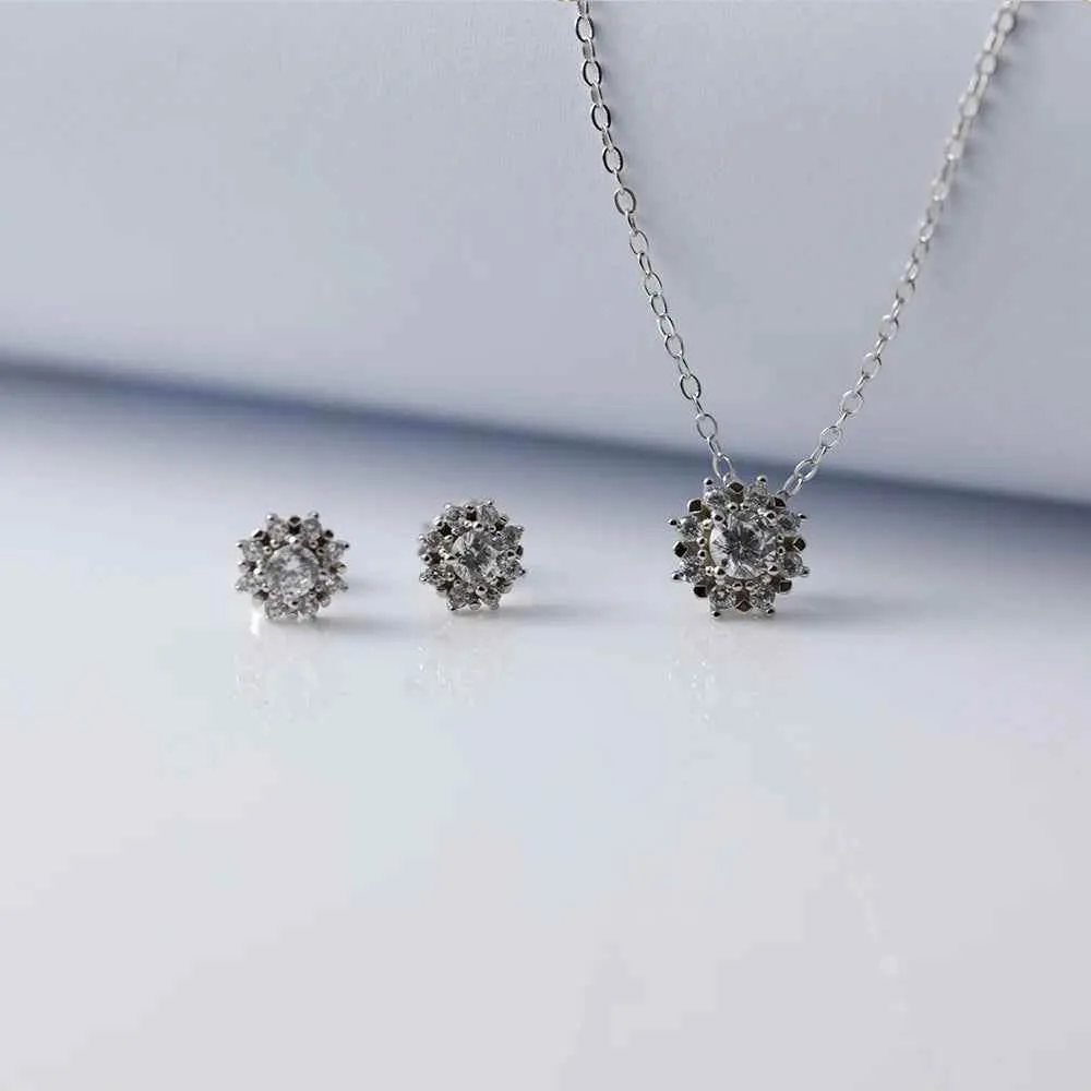 925 Sterling Silver Necklace and Earrings Charm Jewelry Set - Sunflower Pendant - Xm256