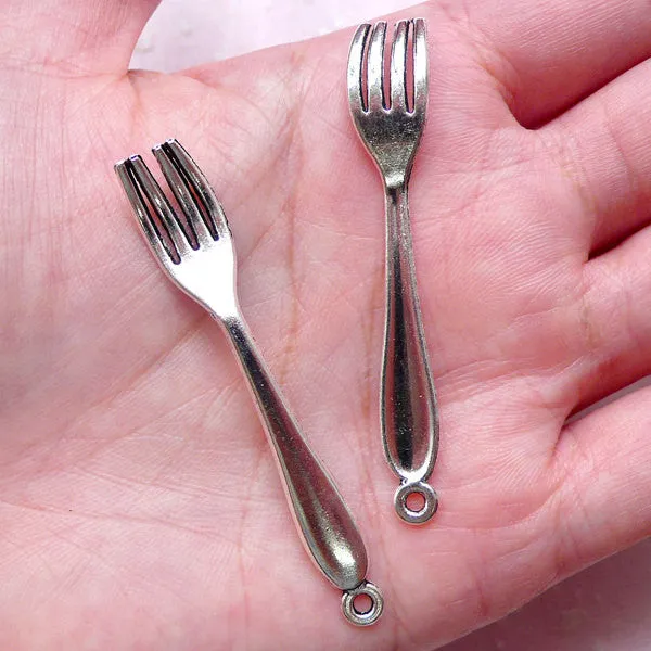 Big Fork Charms Tableware Charm (4pcs / 9mm x 55mm / Tibetan Silver) Whimsical Jewelry Keychain Handbag Charm Zipper Pull Charm CHM1500