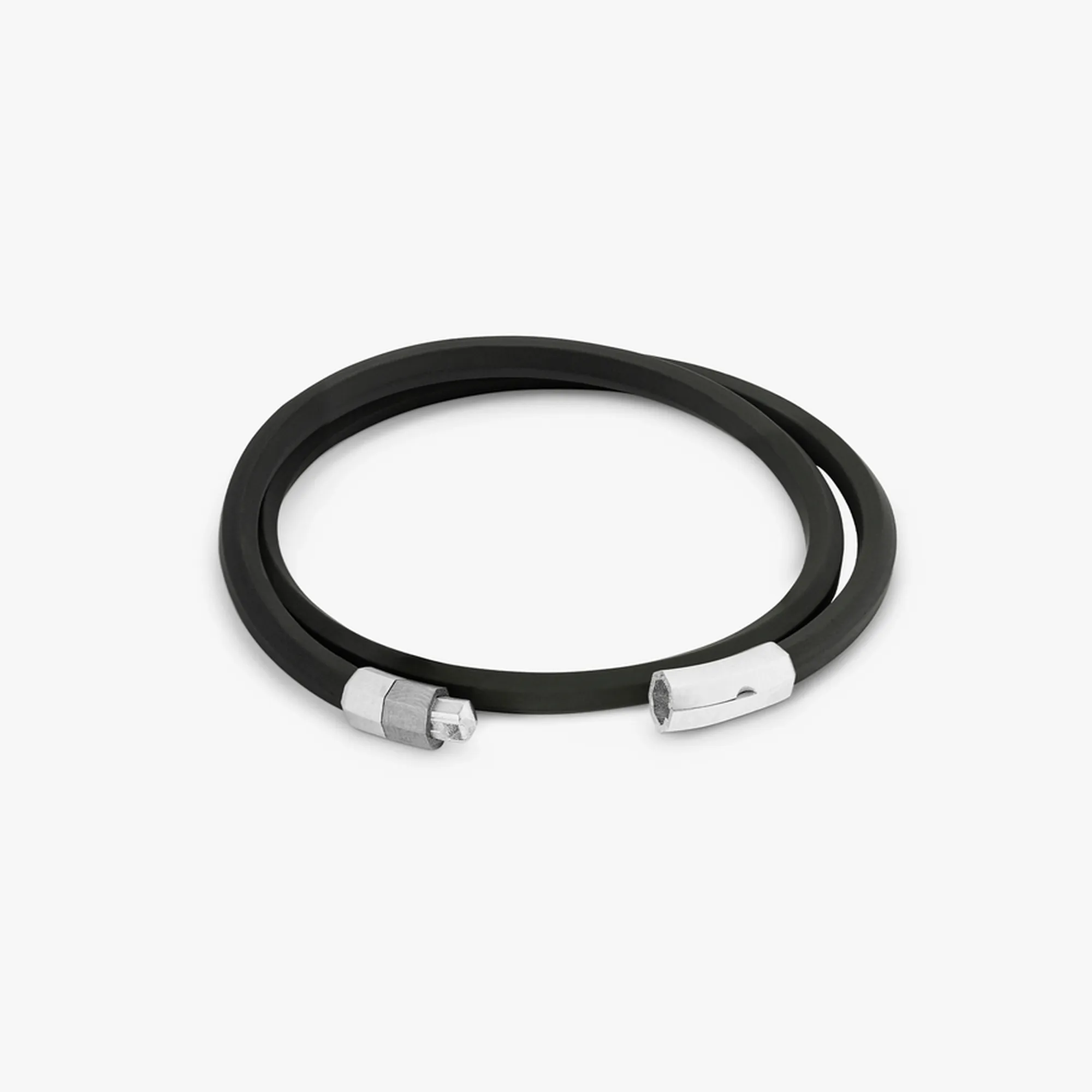 Black Rubber Octagon Click Bracelet with Rhodium-Plated Sterling Silver
