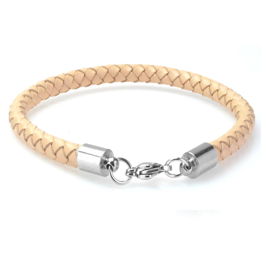 Braided Beige Leather Mens Bracelet 6 MM 8.50 Inches with Stainless Steel Magnetic Clasp
