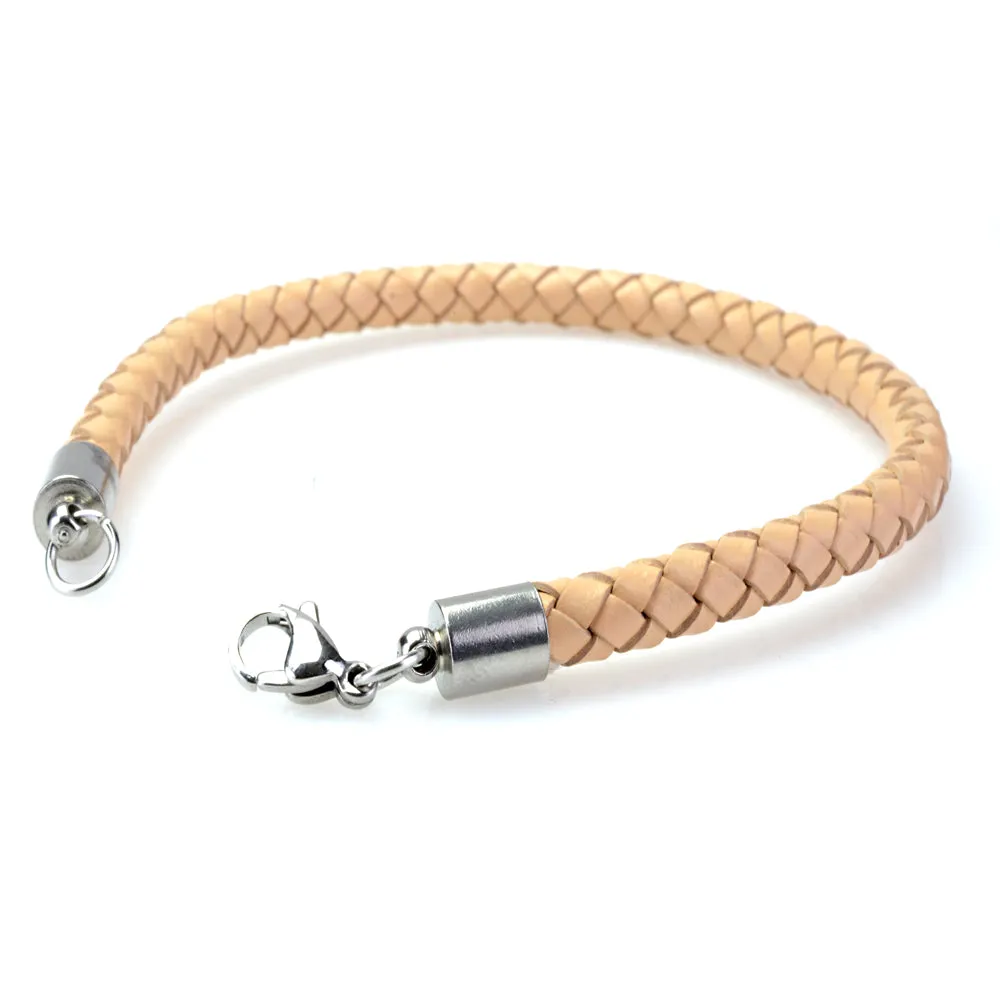 Braided Beige Leather Mens Bracelet 6 MM 8.50 Inches with Stainless Steel Magnetic Clasp