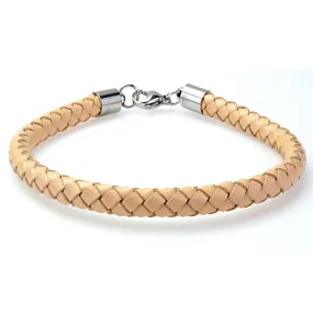 Braided Beige Leather Mens Bracelet 6 MM 8.50 Inches with Stainless Steel Magnetic Clasp