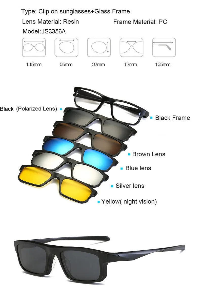Brightzone Unisex Full Rim Square Tr 90 Eyeglasses Clip On Sunglasses Js3356a