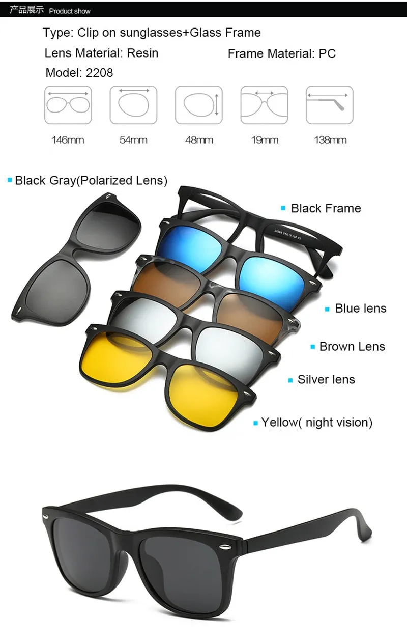 Brightzone Unisex Full Rim Square Tr 90 Eyeglasses Clip On Sunglasses Js3356a