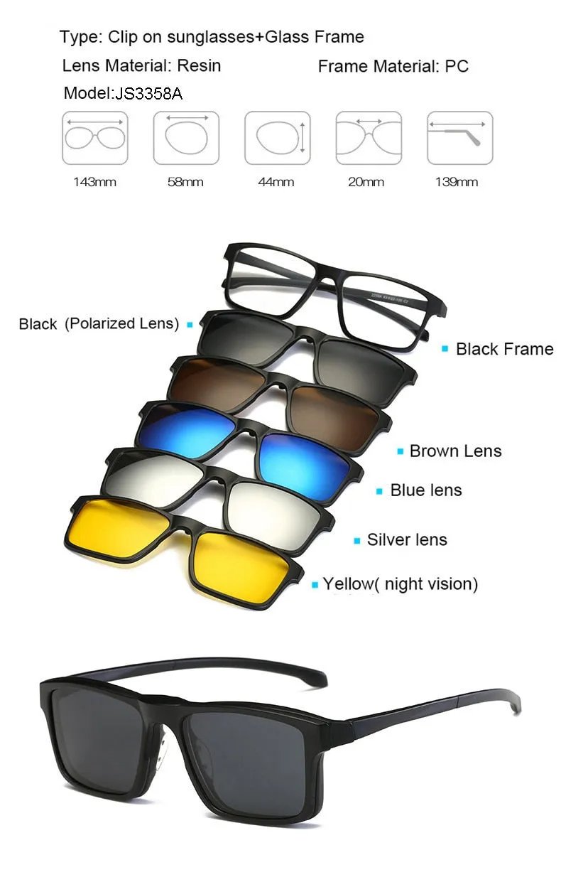 Brightzone Unisex Full Rim Square Tr 90 Eyeglasses Clip On Sunglasses Js3356a