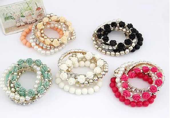 Charm Bracelets For Women Jewelry Rose Flower Multi-layer Wrap Flower Bracelets & Bangles Vintage Pulseras Mujer Pulseiras Femme