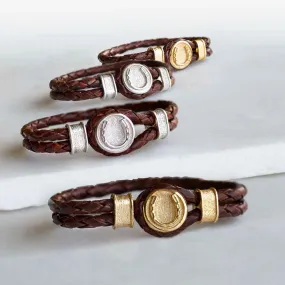 Colton - Horseshoe Dome Lock Braided Strap and 14K Gold on Sterling Silver Brown Bracelet