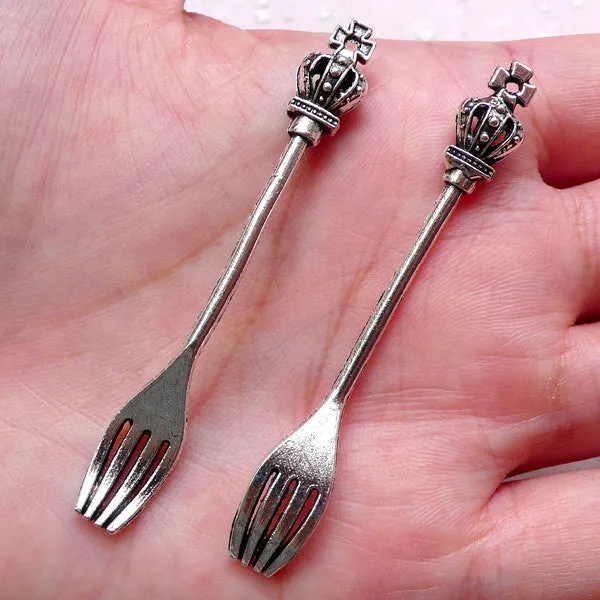 Crown Fork Charms Cutlery Charm (2pcs / 8mm x 60mm / Tibetan Silver) Kawaii Decoden Dollhouse Miniature Sweets Craft Zipper Pull CHM1505