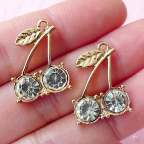 Cute Cherry Charms with Clear Rhinestones / Bling Bling Fruit Charm (2pcs / 15mm x 20mm / Gold) Bracelet Pendant Gift Decoration CHM1687
