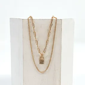 Double Strand Necklace with Crystal Lock Charm in Gold