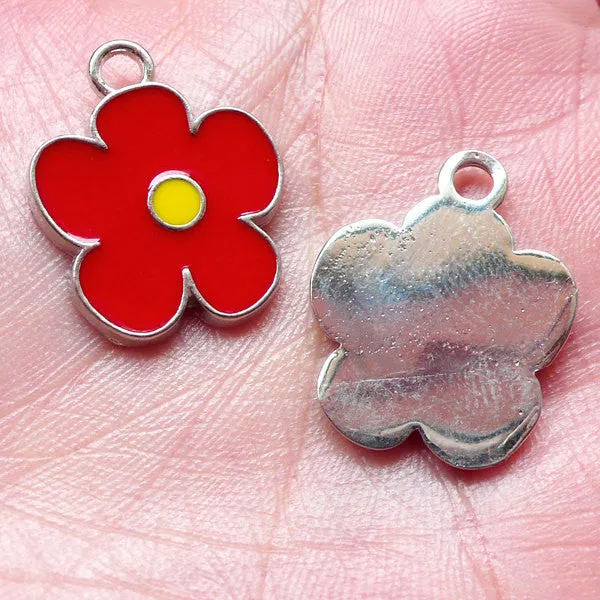 Enamel Charms Red Flower Charm (2pcs / 18mm x 23mm / Red) Floral Earrings Bracelet Necklace Pendant Handbag Zipper Pull Favor Charm CHM1401