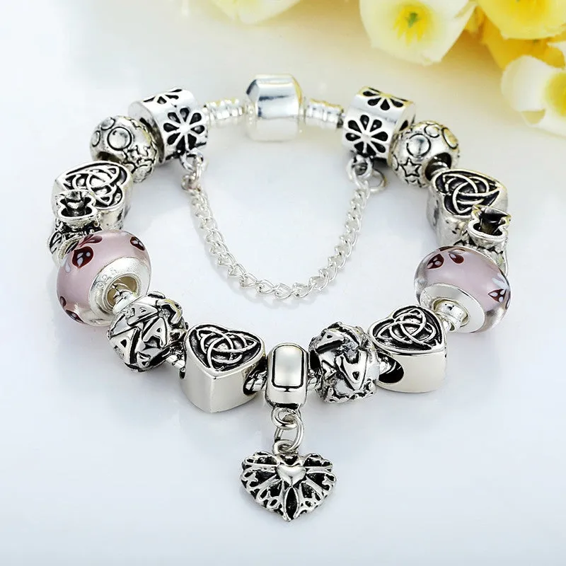 European Style Charm Bracelet For Women With Heart Letter Beads Pink Murao Glass Beads