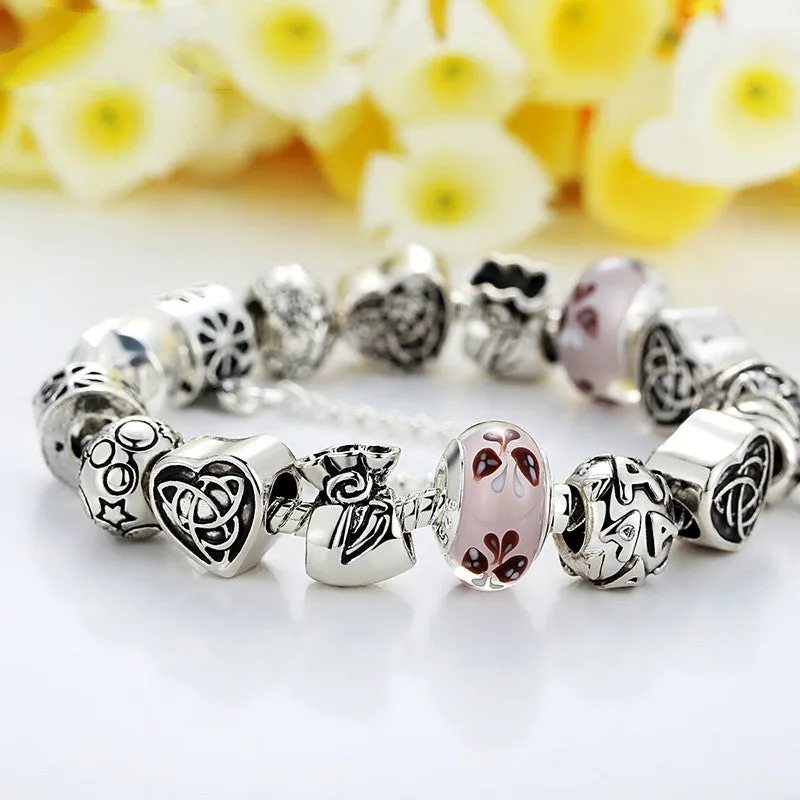 European Style Charm Bracelet For Women With Heart Letter Beads Pink Murao Glass Beads