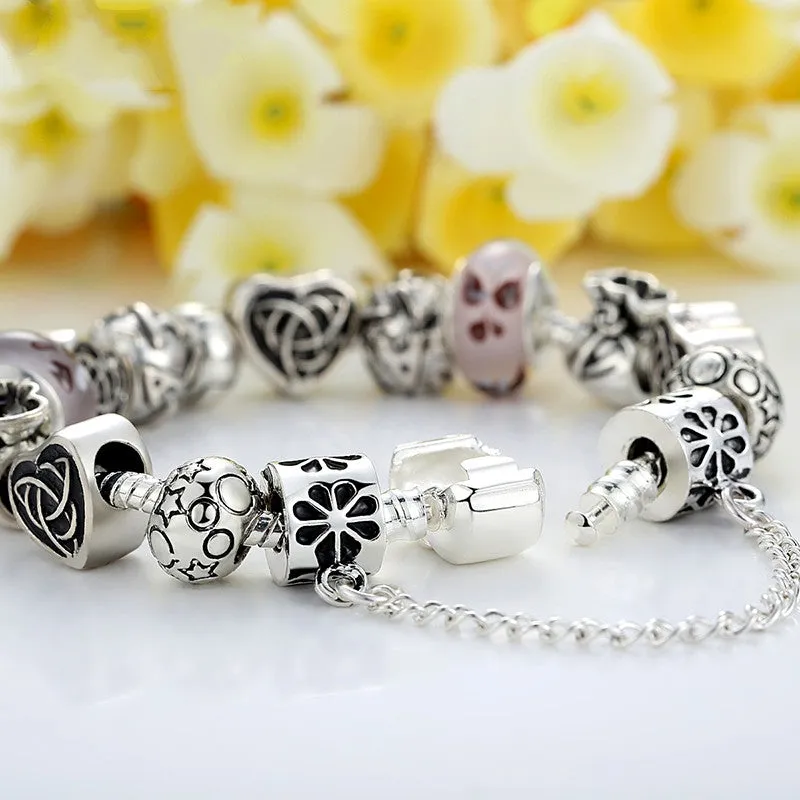 European Style Charm Bracelet For Women With Heart Letter Beads Pink Murao Glass Beads