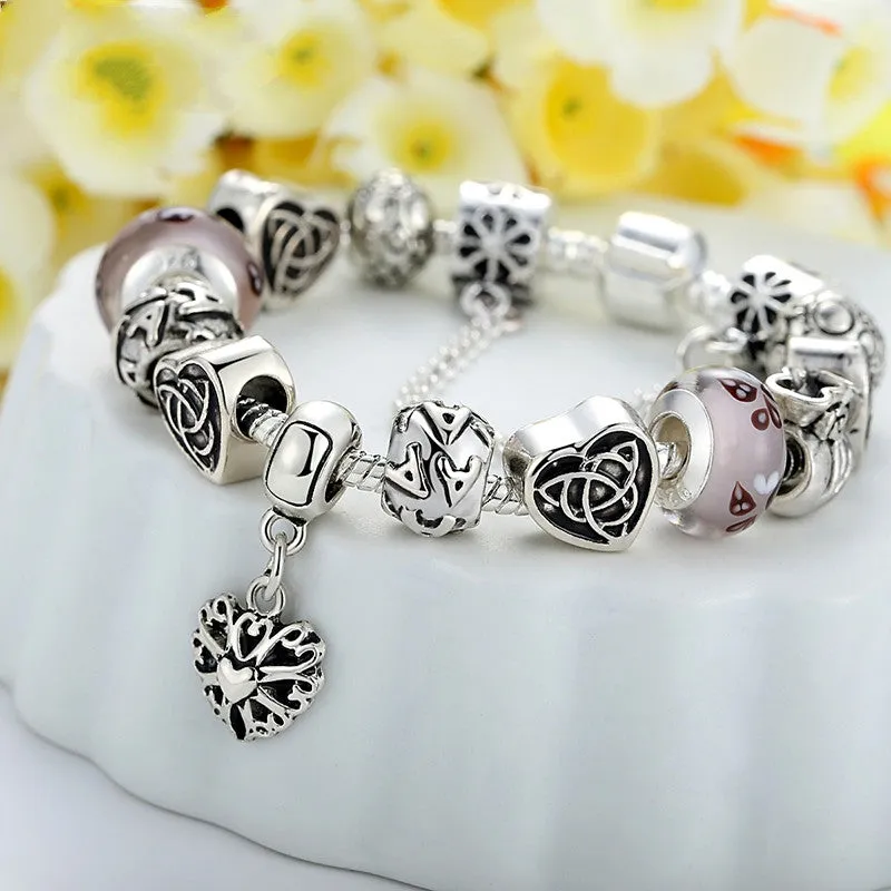 European Style Charm Bracelet For Women With Heart Letter Beads Pink Murao Glass Beads