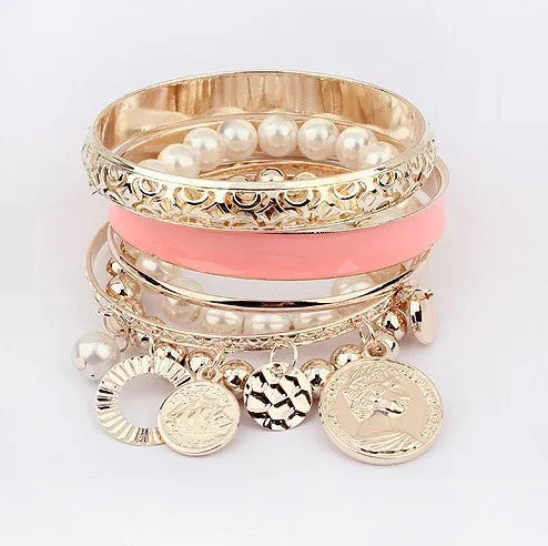 Fashion Jewelry Pearl Coins Element Avatar Statement Charm Multilayer Bangle and Bracelet For Women