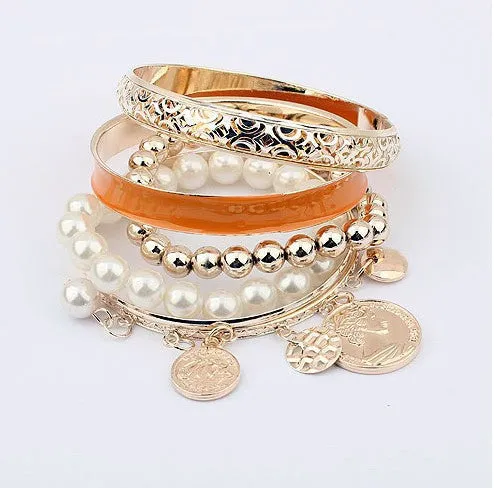 Fashion Jewelry Pearl Coins Element Avatar Statement Charm Multilayer Bangle and Bracelet For Women