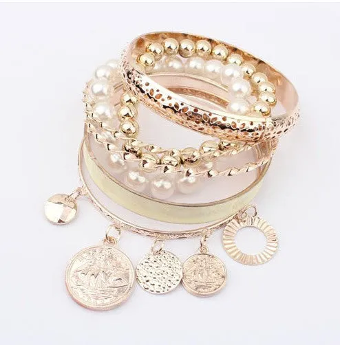 Fashion Jewelry Pearl Coins Element Avatar Statement Charm Multilayer Bangle and Bracelet For Women