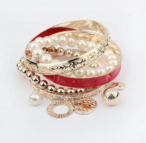 Fashion Jewelry Pearl Coins Element Avatar Statement Charm Multilayer Bangle and Bracelet For Women