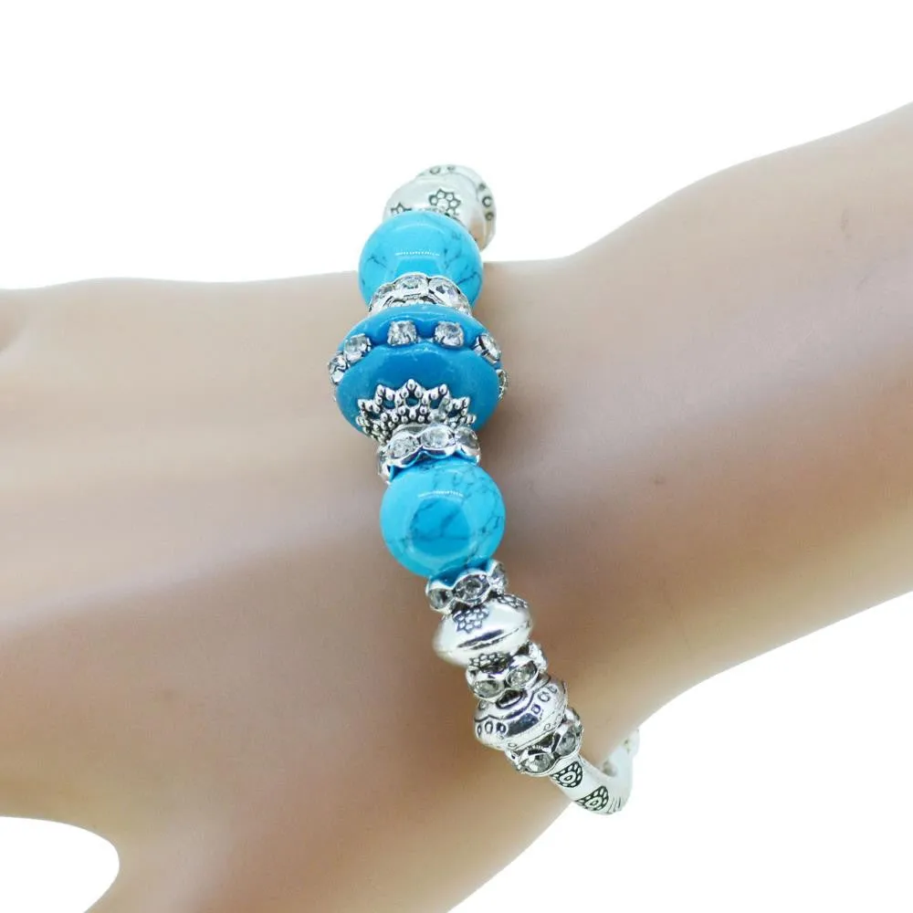 Fashion serling silver jewelry love heart charm bangles & bracelets glass beads strand bracelets for women fine jewelry