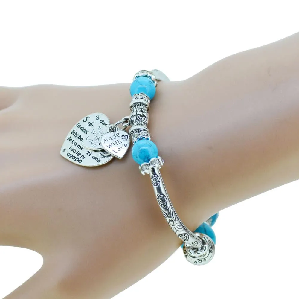 Fashion serling silver jewelry love heart charm bangles & bracelets glass beads strand bracelets for women fine jewelry