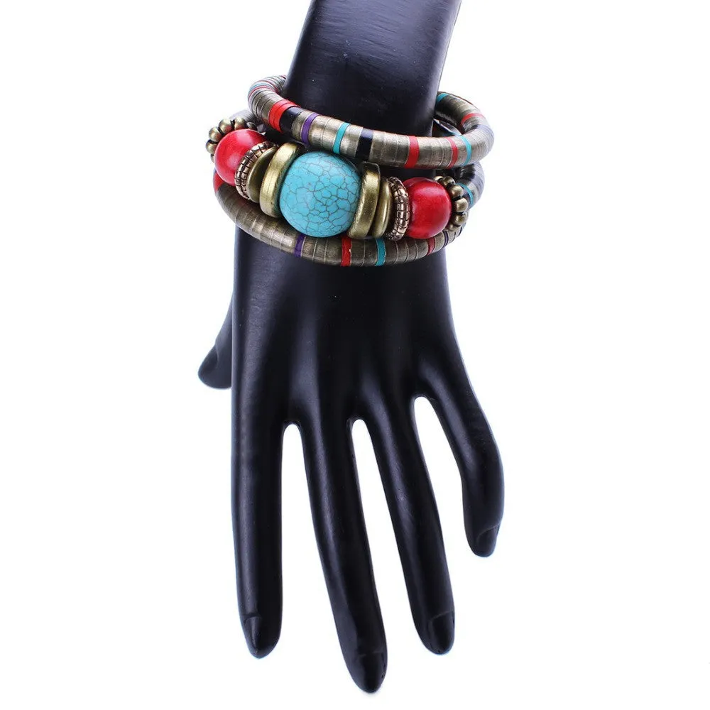 Fashions Bracelets Bangles For Women Tibetan Silver Bracelets&BanglesTurquoise Inlay Roundness Bead Adjust Bangle
