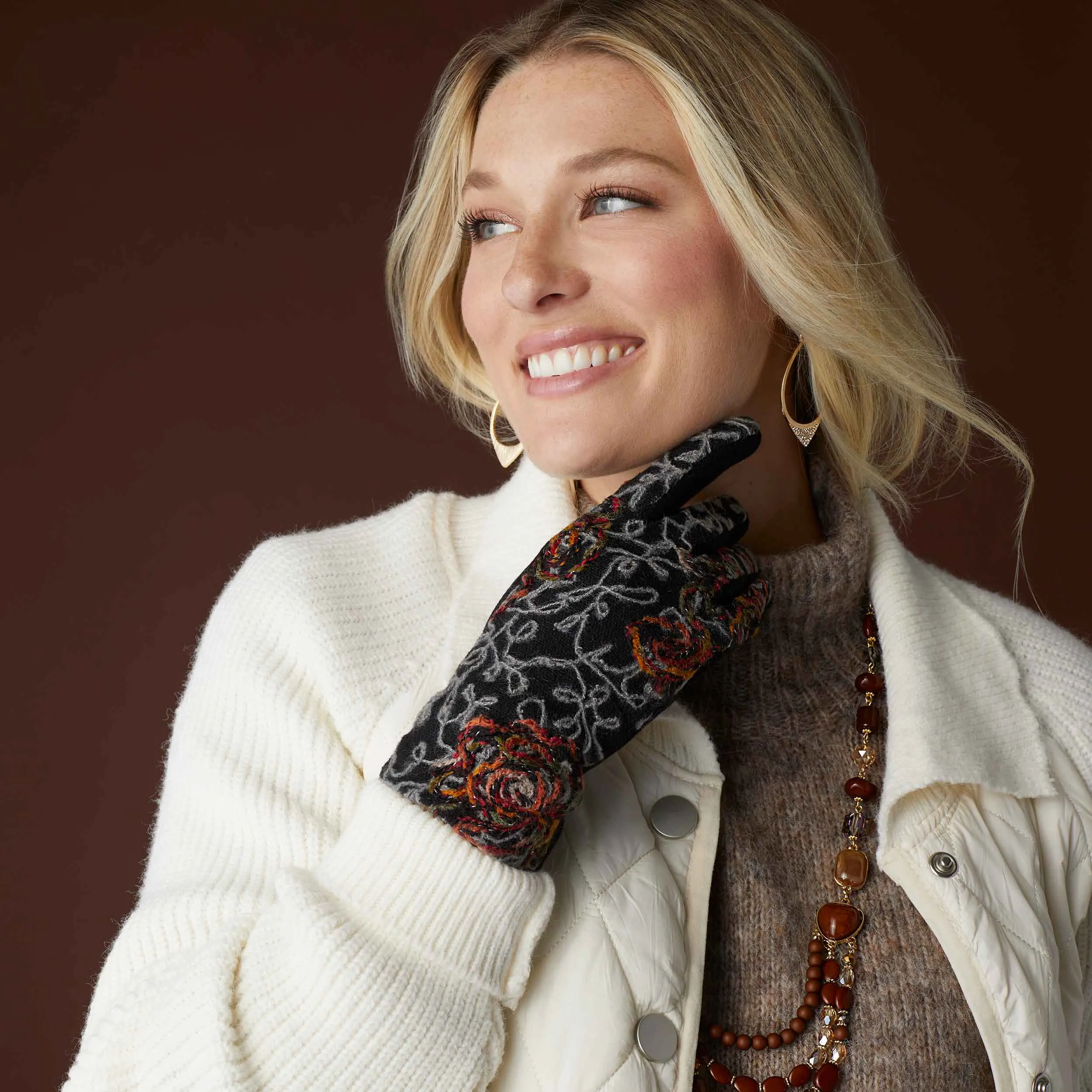 Felted Rose Touchscreen Gloves - Grey Multi - Final Sale