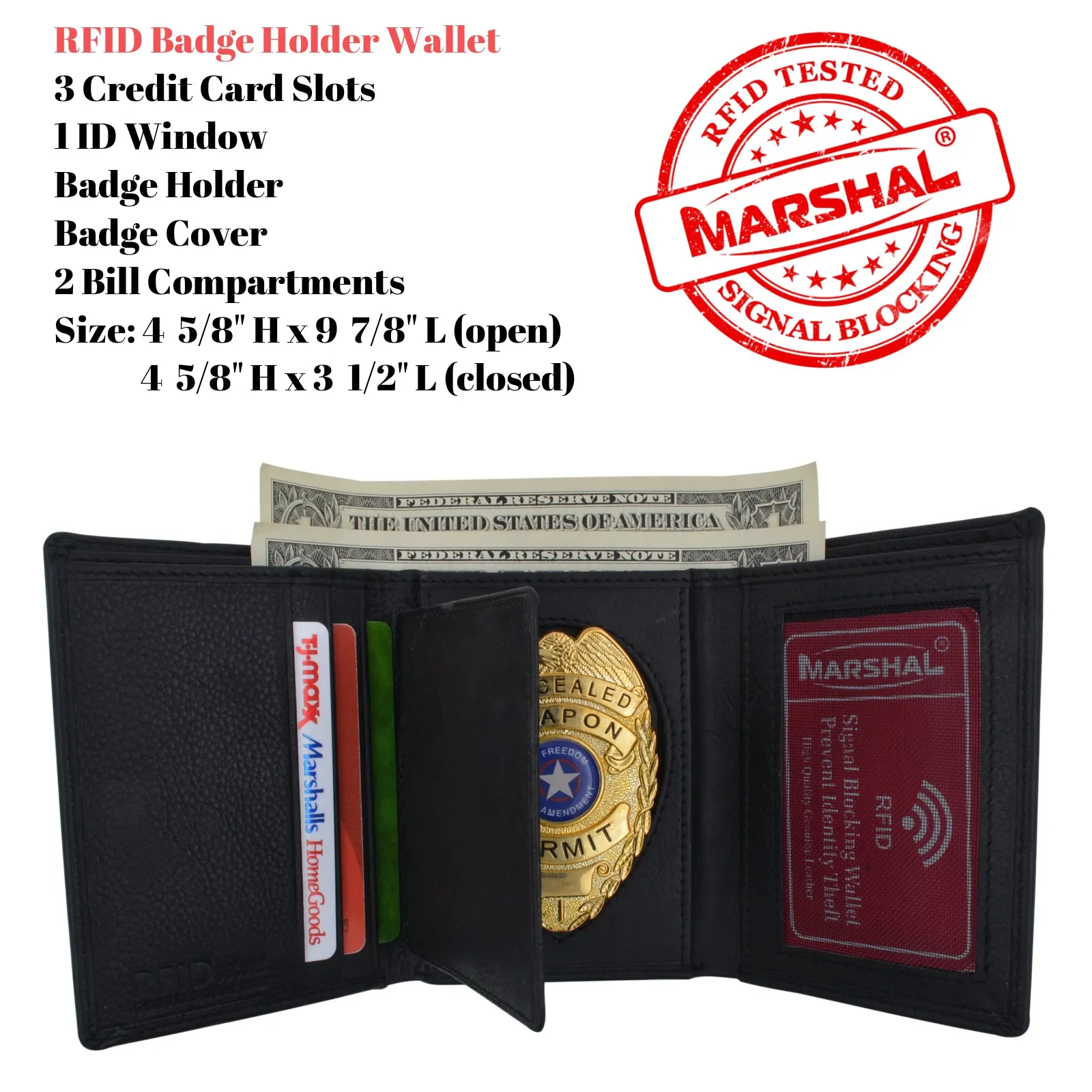 Genuine Leather Trifold Badge Holder Wallet Black, Police Badge Holder 2519 TA (C)
