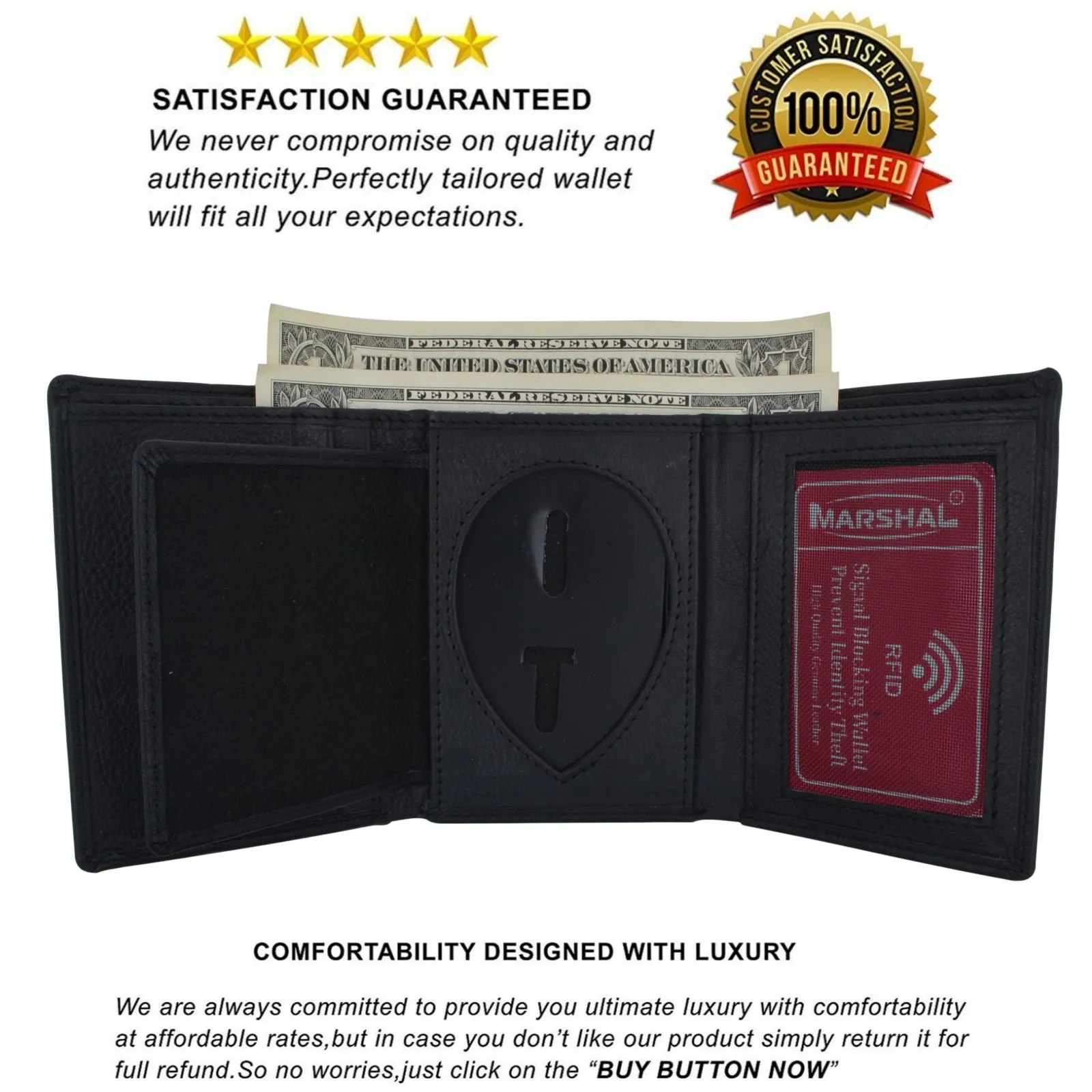 Genuine Leather Trifold Badge Holder Wallet Black, Police Badge Holder 2519 TA (C)