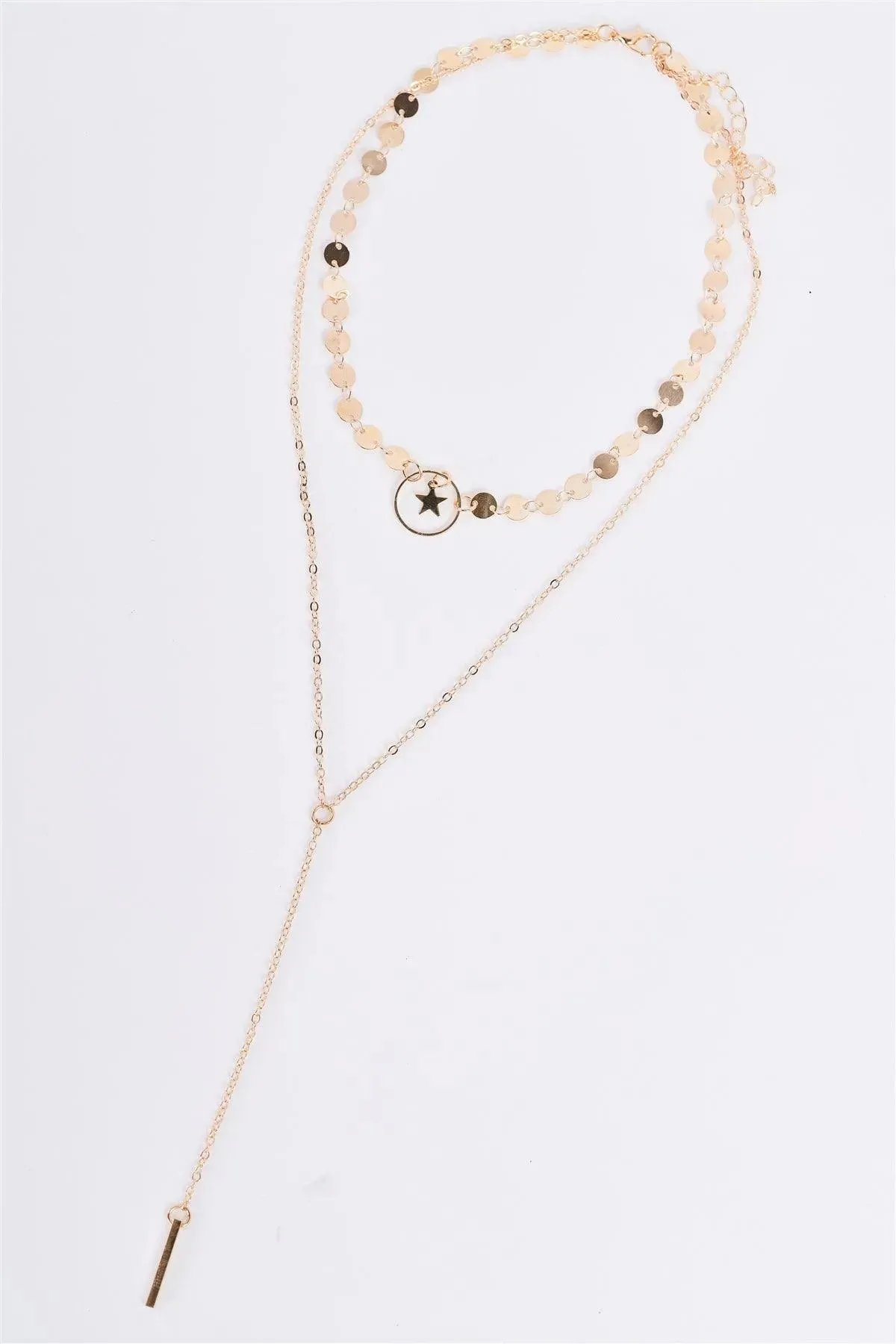 Gold Double Layered Star Medallions Lariat Chain Necklace