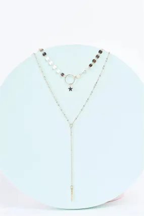 Gold Double Layered Star Medallions Lariat Chain Necklace