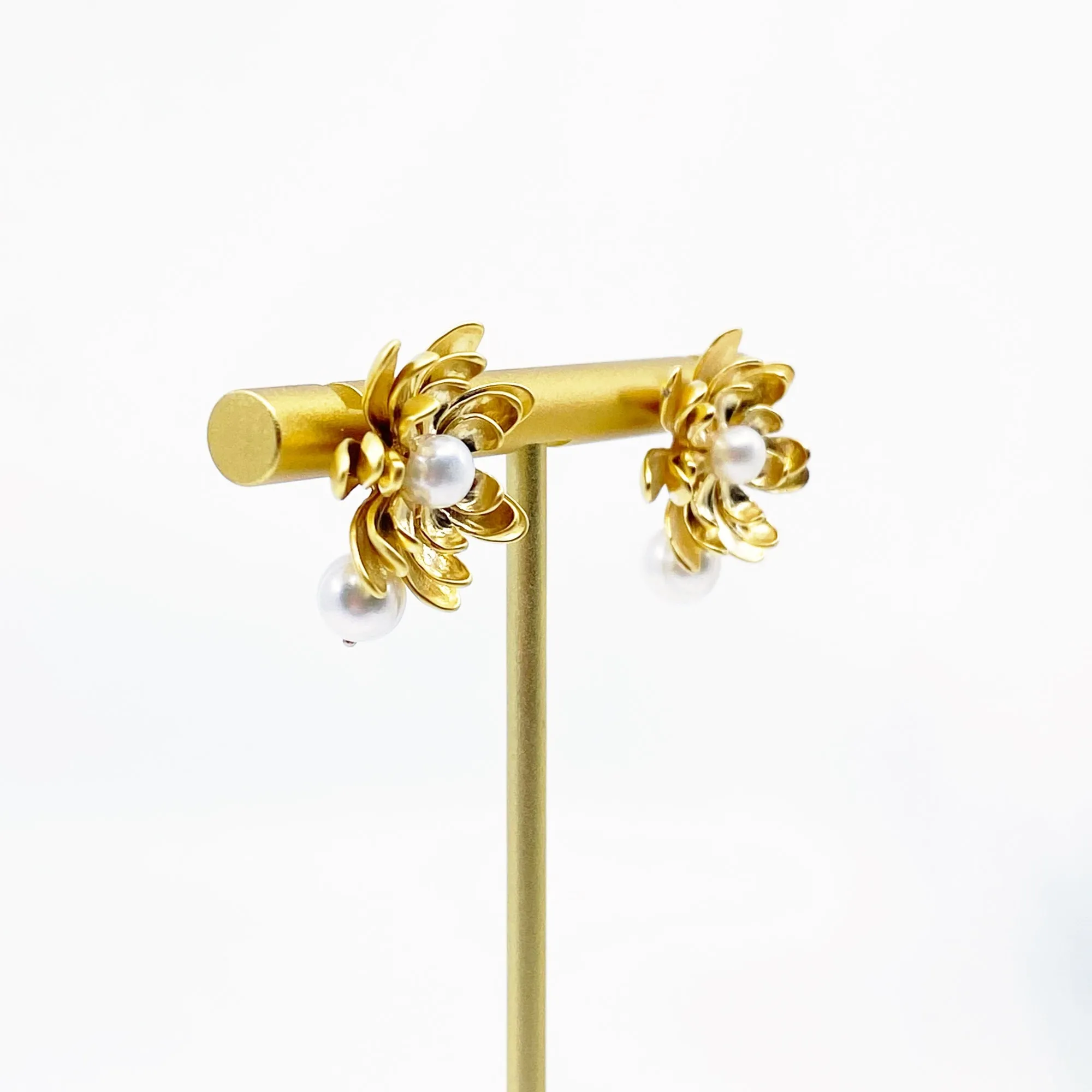 Gold Lotus Pearl Stud Earrings
