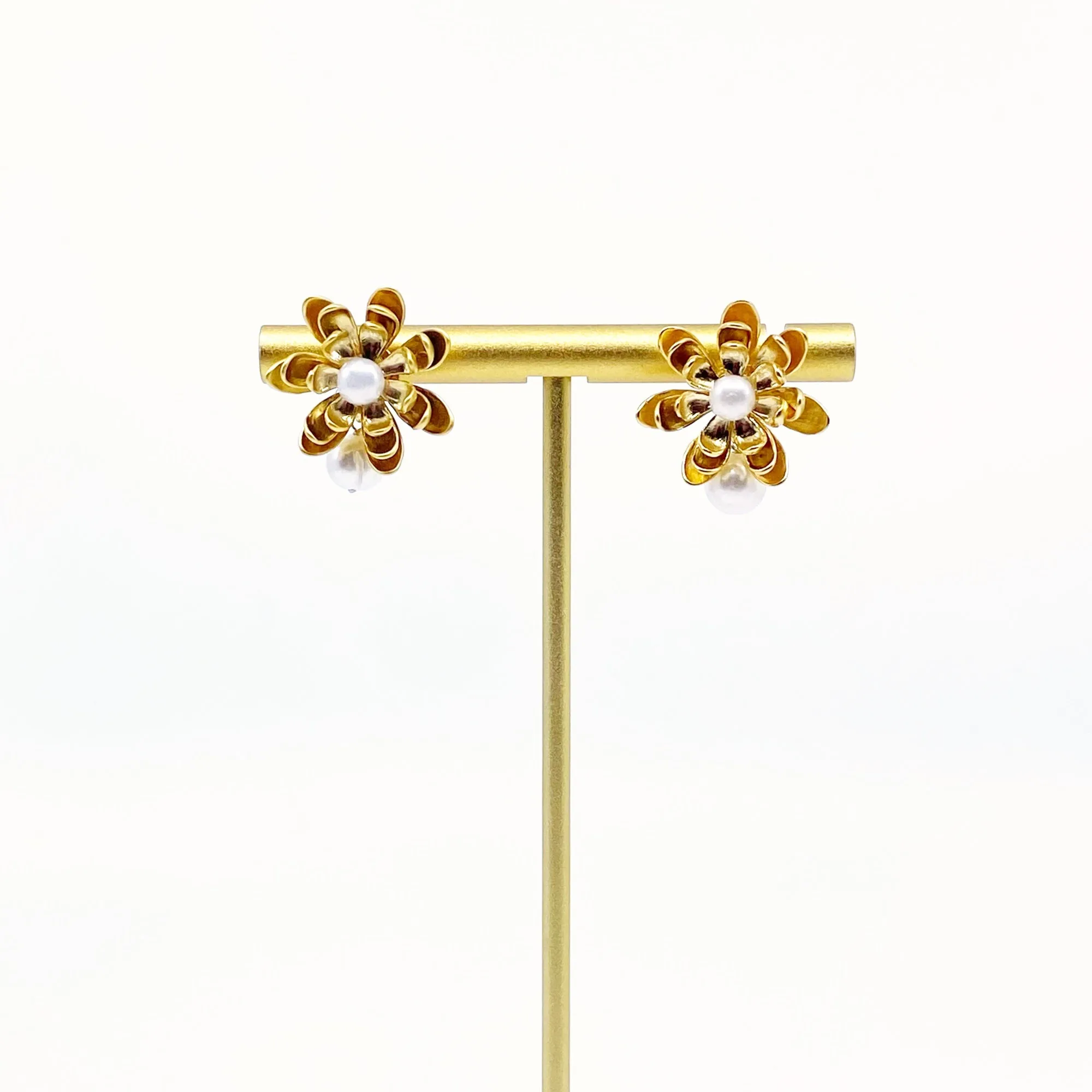 Gold Lotus Pearl Stud Earrings