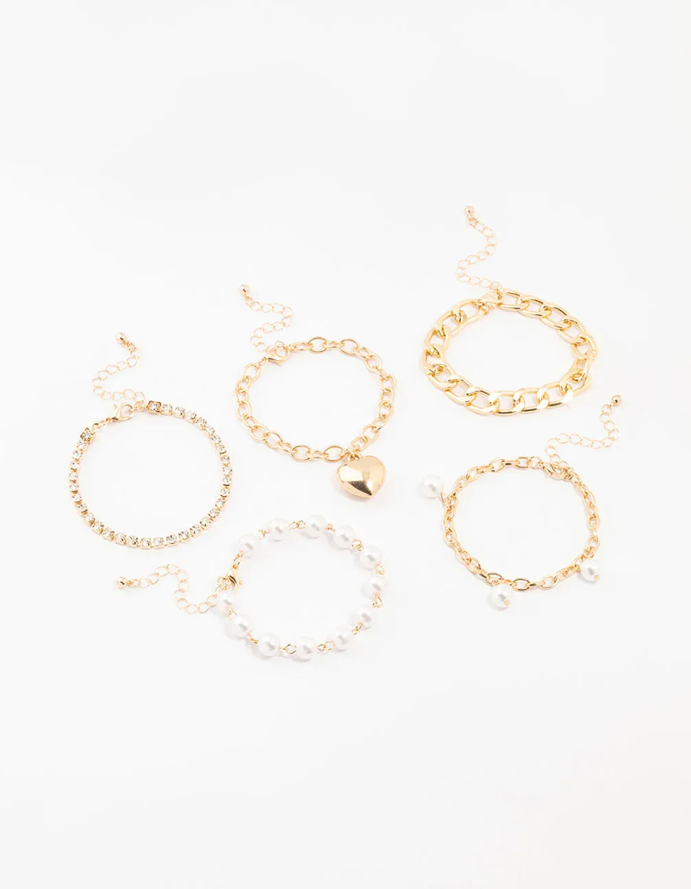 Gold Pearl & Puffy Heart Bracelets 5-Pack