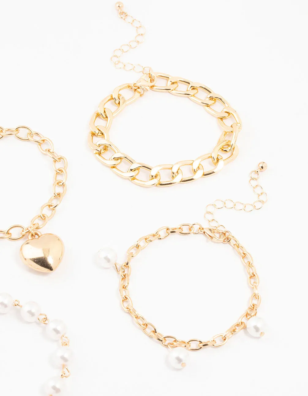 Gold Pearl & Puffy Heart Bracelets 5-Pack