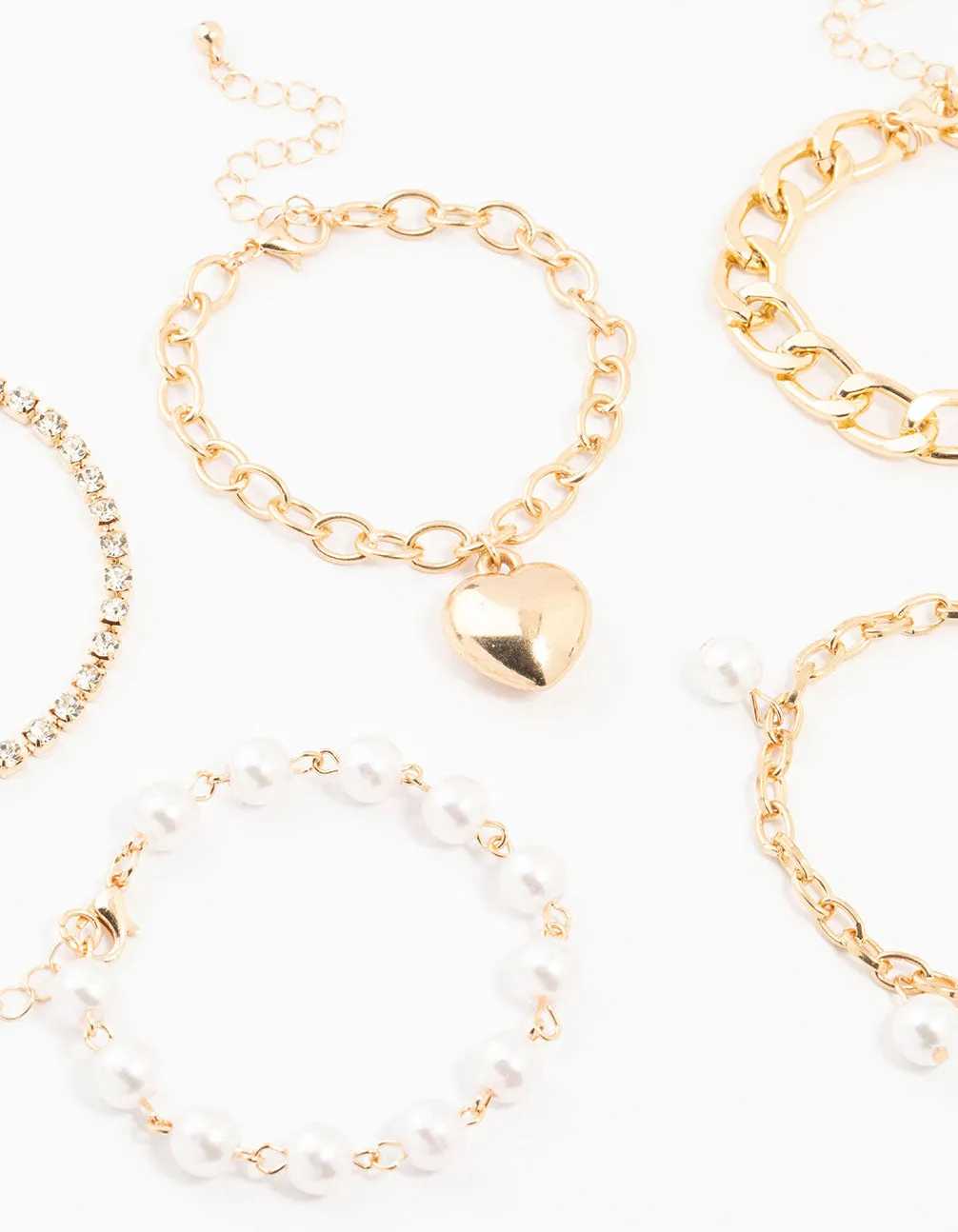 Gold Pearl & Puffy Heart Bracelets 5-Pack