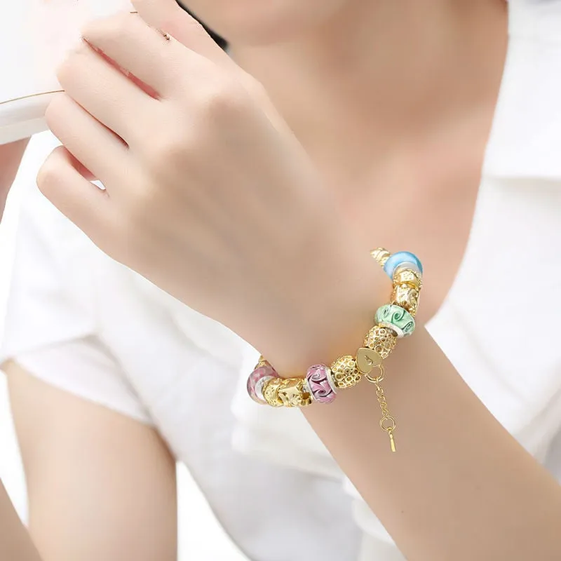 Gold Plated Charm Bracelet & Bangle for Women With High Quality Multicolor Murano Glass Beads DIY Birthday Gift
