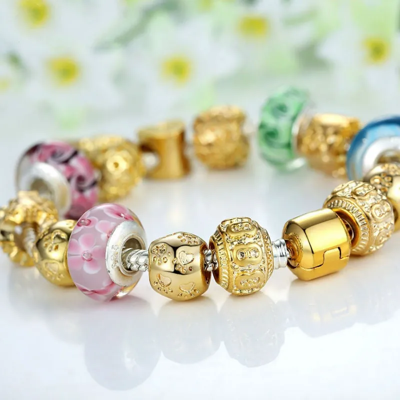 Gold Plated Charm Bracelet & Bangle for Women With High Quality Multicolor Murano Glass Beads DIY Birthday Gift