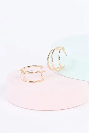 Gold Triple Thin Multi Circle Open Hoops Earrings