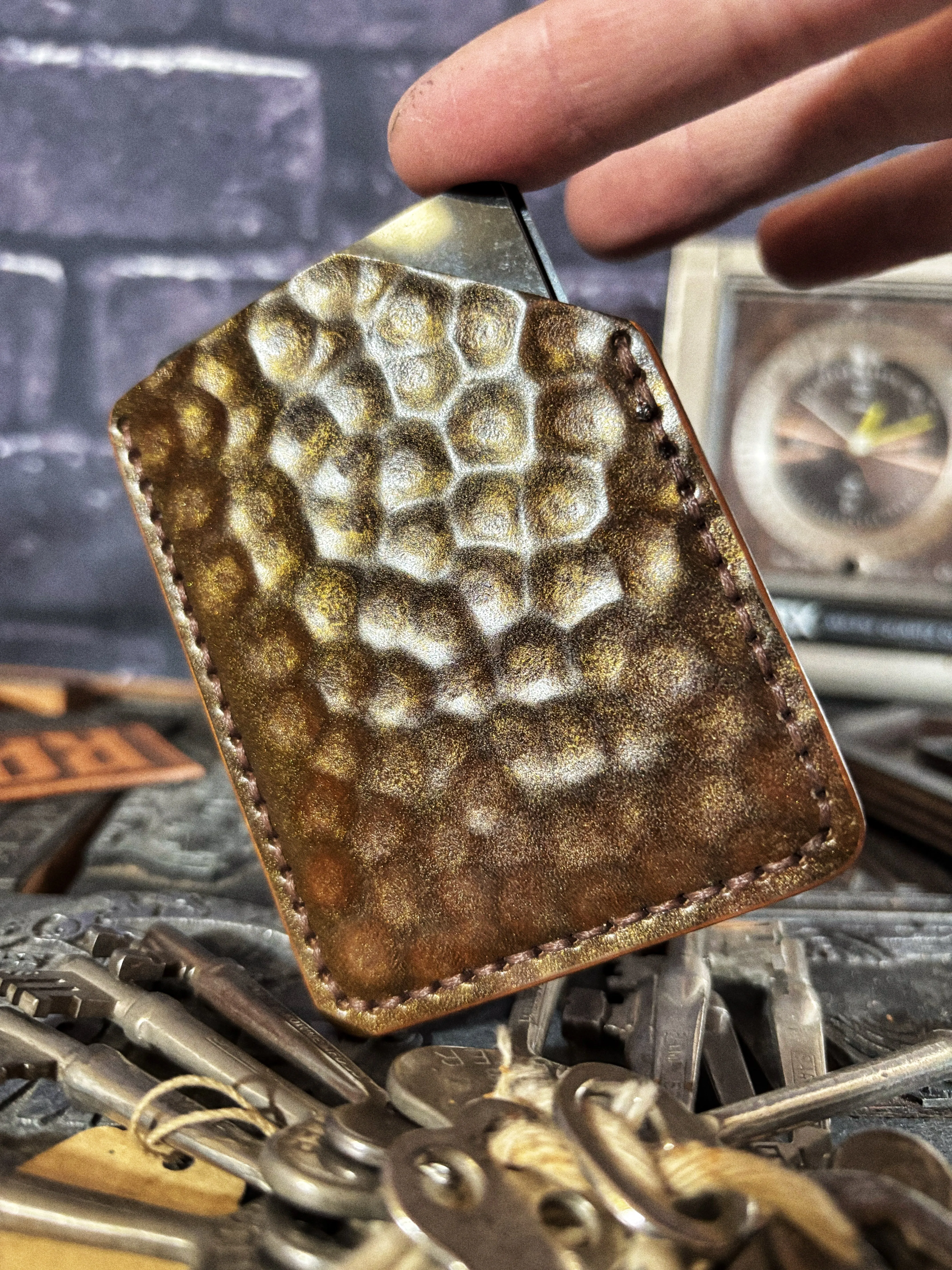 Hammered Brown & Gold Skull & Crossbones Embossed Hand Made Leather Minimalist Wallet