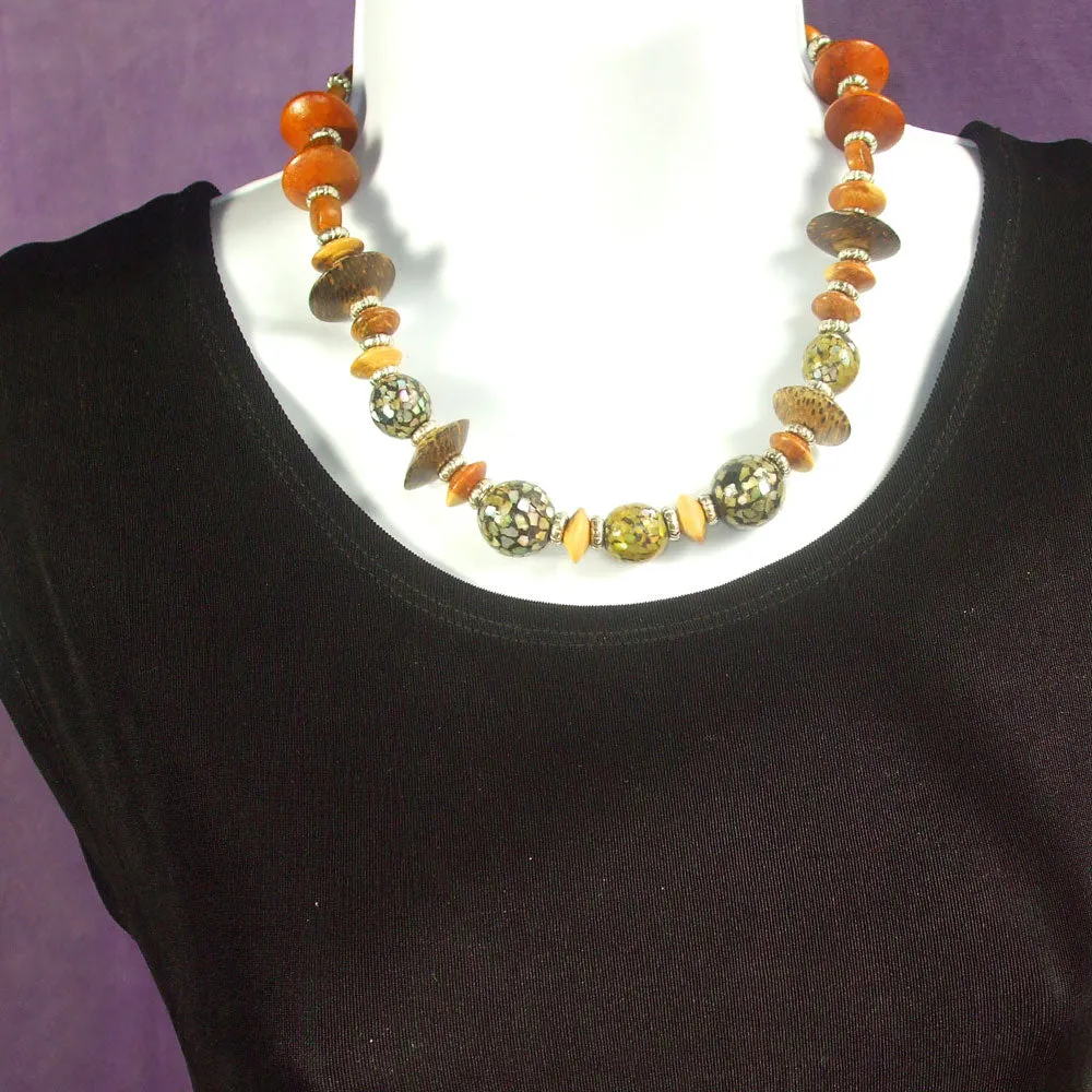 Hayle, Single Strand Mother of Pearl and Wood Beads Necklace