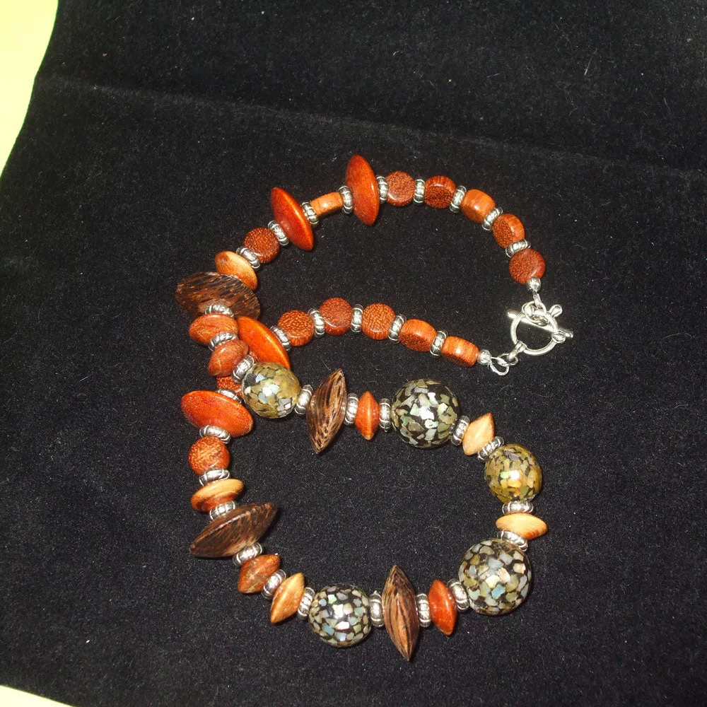 Hayle, Single Strand Mother of Pearl and Wood Beads Necklace