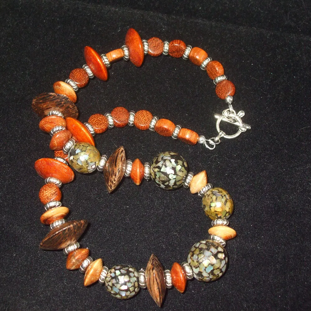Hayle, Single Strand Mother of Pearl and Wood Beads Necklace