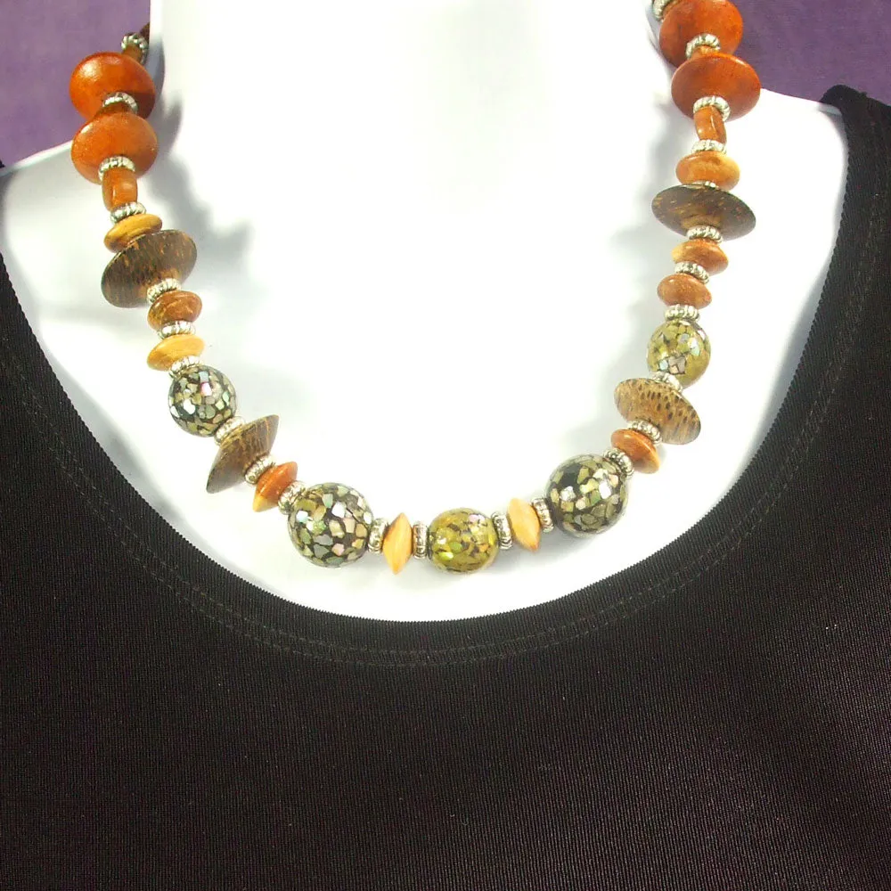 Hayle, Single Strand Mother of Pearl and Wood Beads Necklace