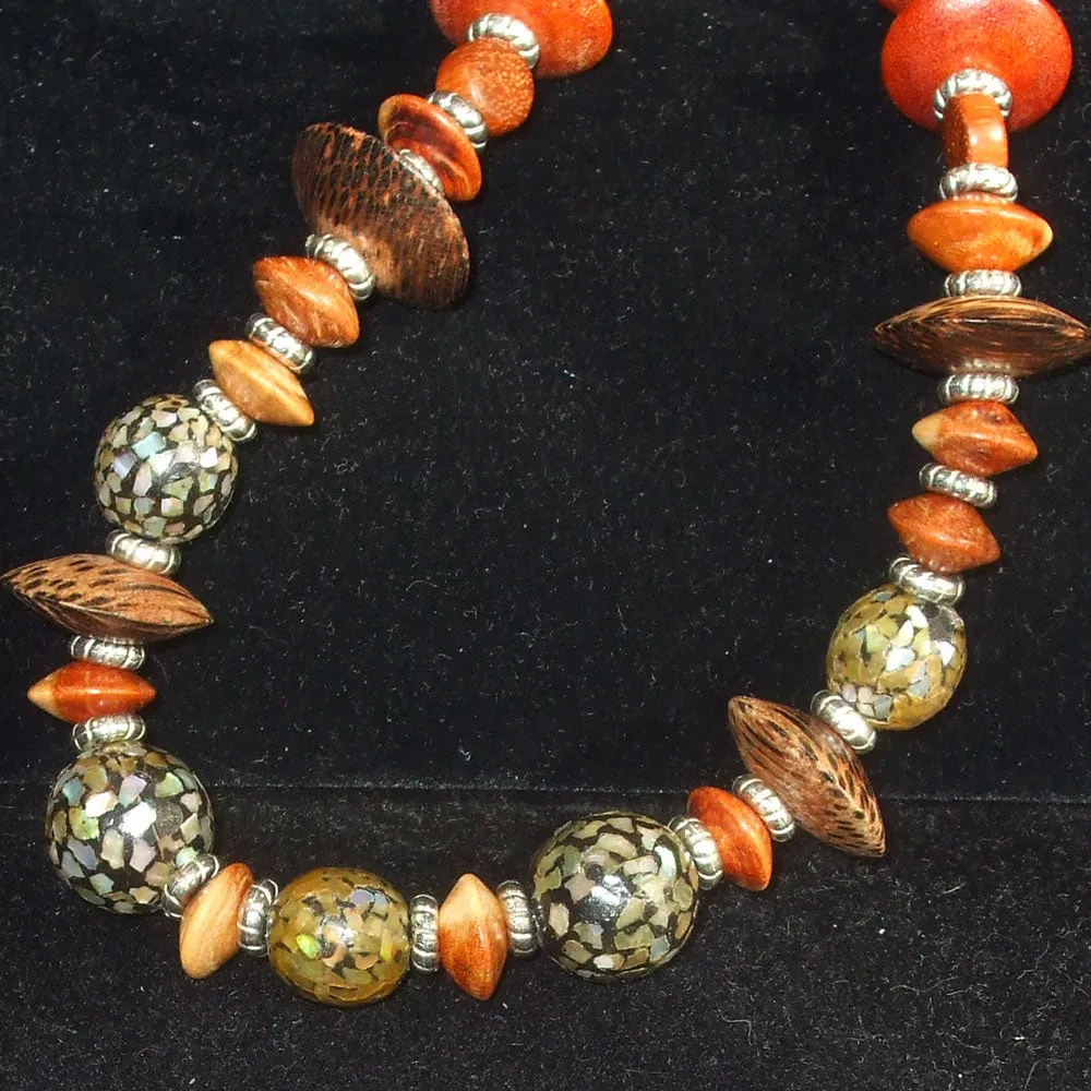 Hayle, Single Strand Mother of Pearl and Wood Beads Necklace