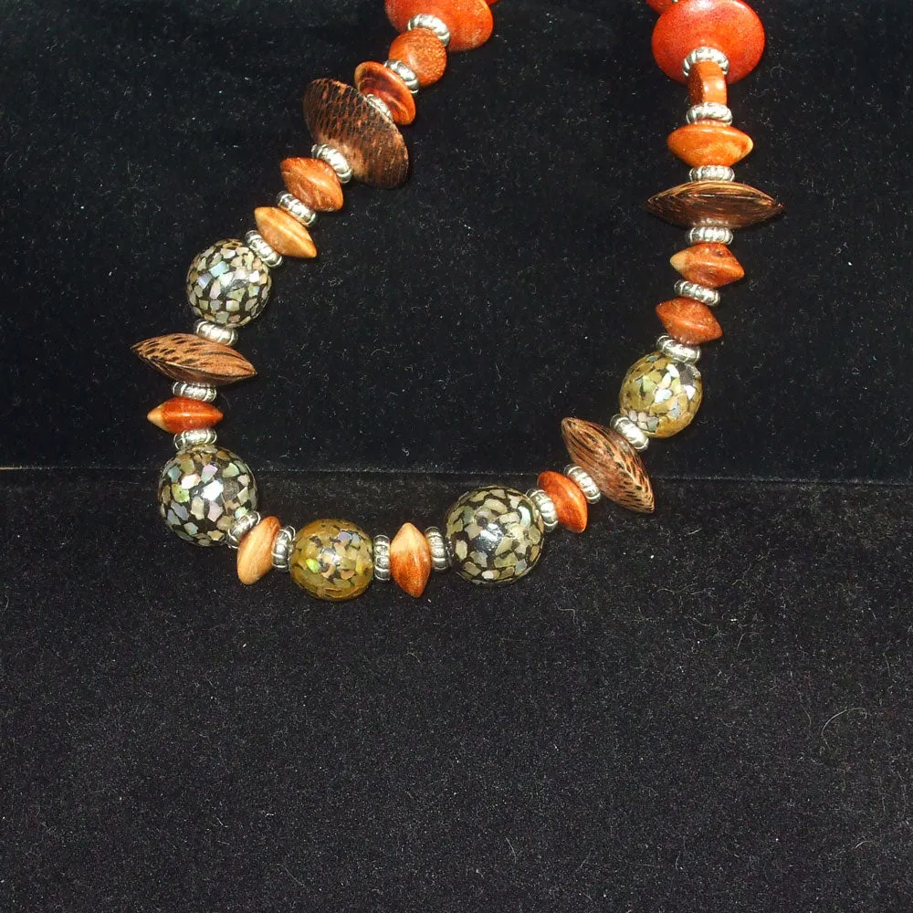 Hayle, Single Strand Mother of Pearl and Wood Beads Necklace