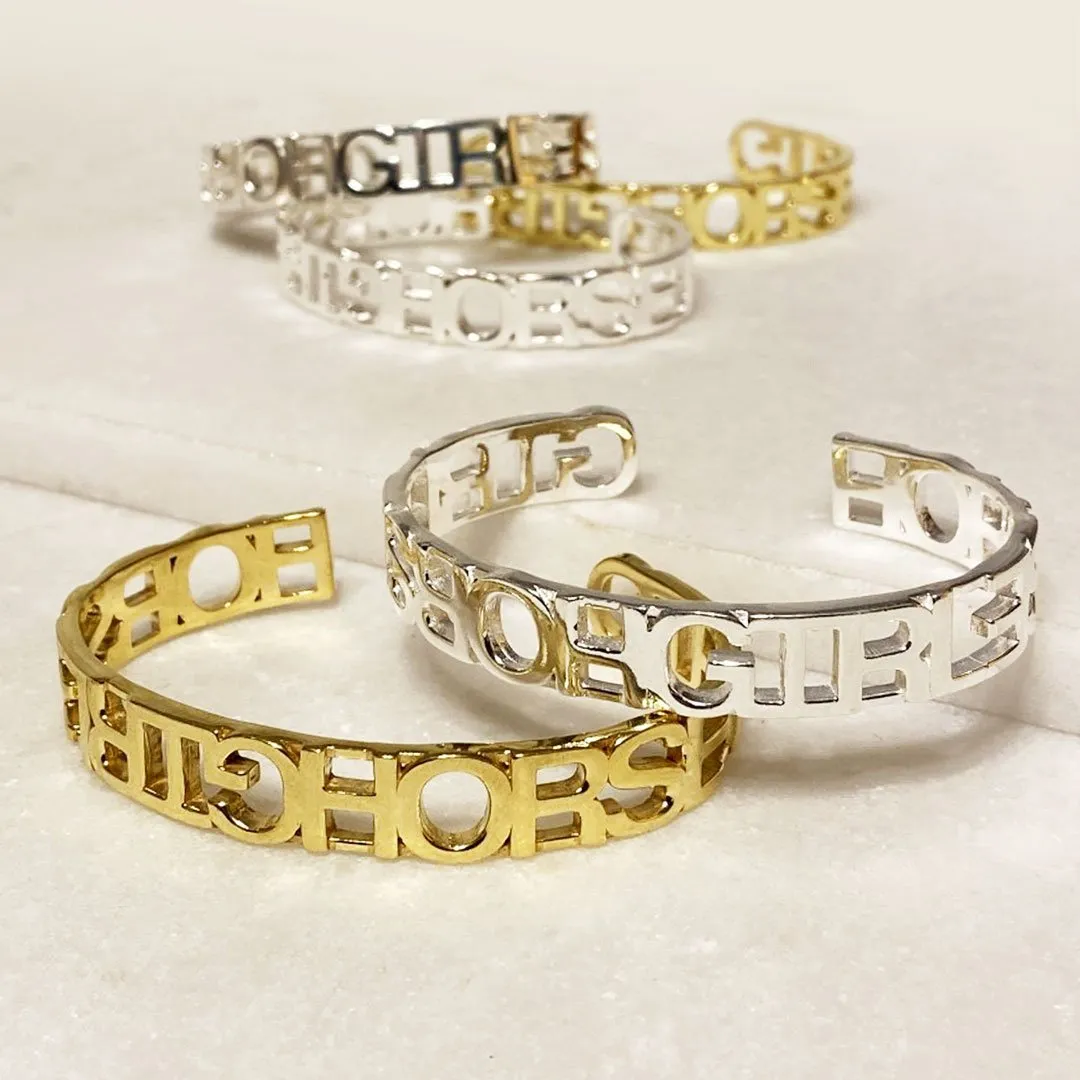 Horse Girl - Bold Cut Out Letters and Sterling Silver on Brass Cuff Bracelet